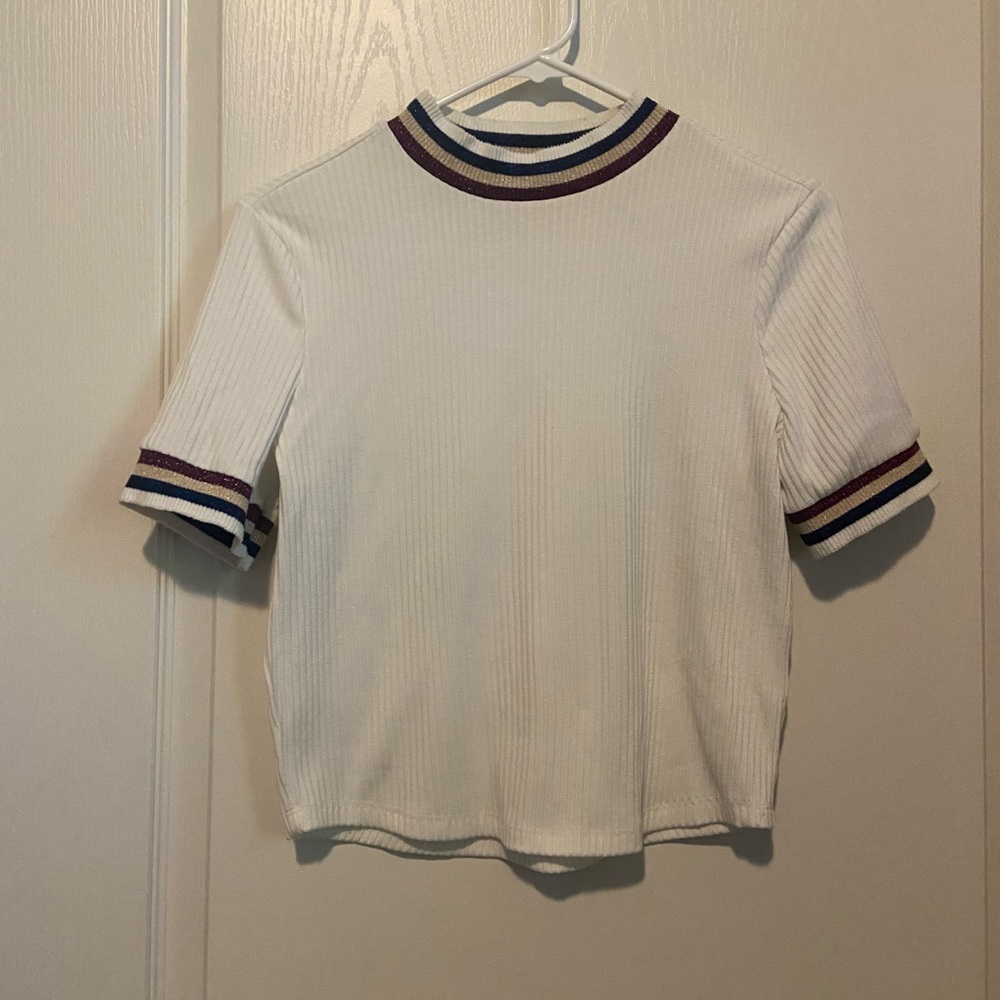 White Short Sleeve Mock Turtleneck with Glitter Accents